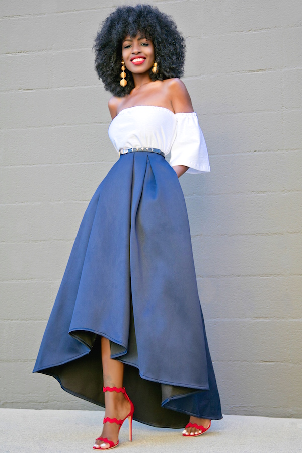 Style Pantry | Short Off The Shoulder Top + High Low Tea Length Skirt