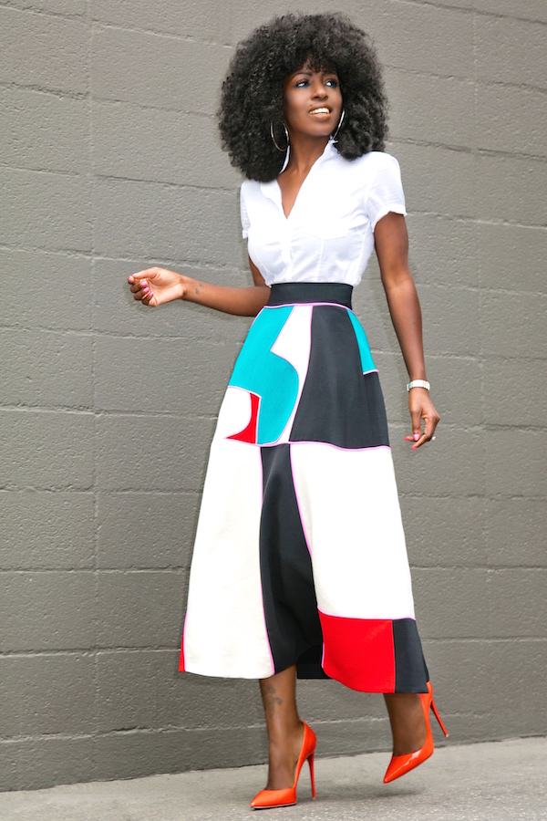 Style Pantry | Short Sleeve Button Down + Jacquard Color Block Skirt