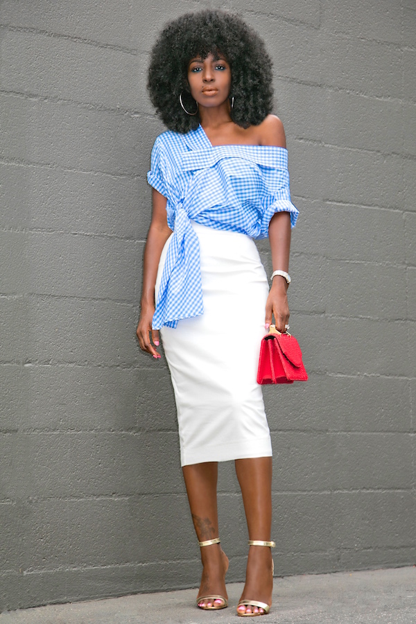 Gingham Wrap Blouse + White Pencil Skirt – StylePantry