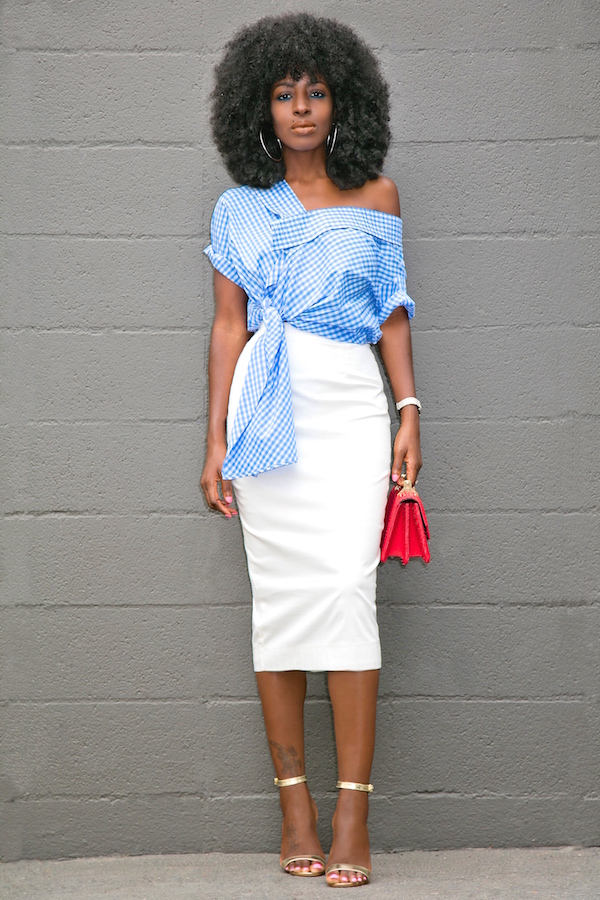 Style Pantry | Gingham Wrap Blouse + White Pencil Skirt