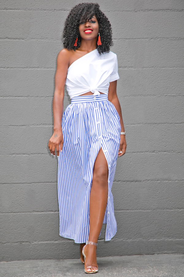 Style Pantry | One Shoulder Cotton Top + Striped Button Down Skirt