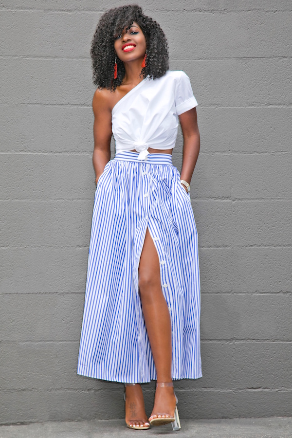 One Shoulder Cotton Top + Striped Button Down Skirt – StylePantry