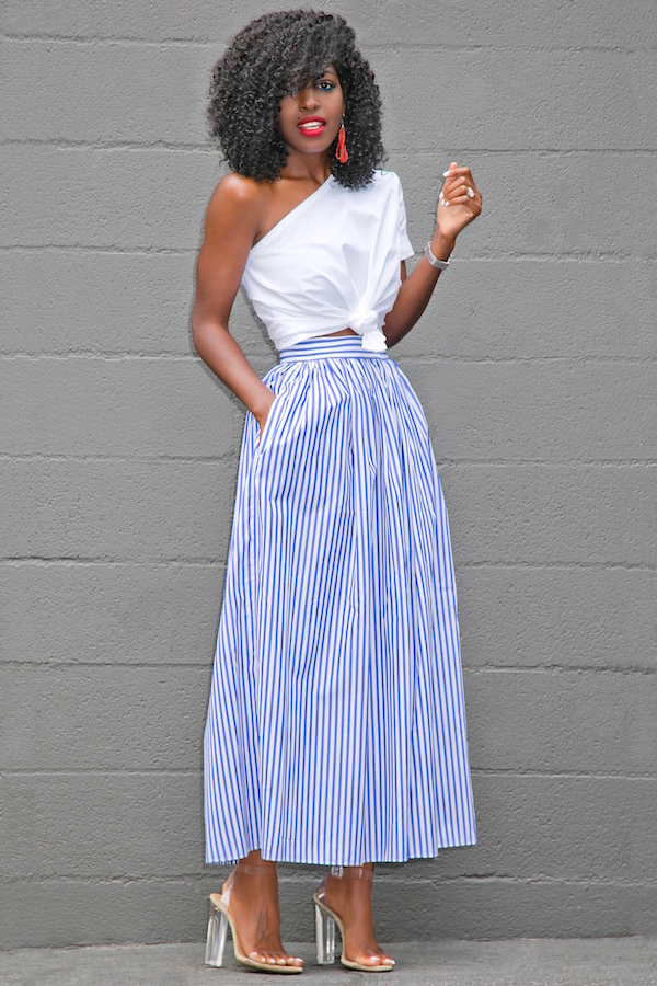 Style Pantry | One Shoulder Cotton Top + Striped Button Down Skirt