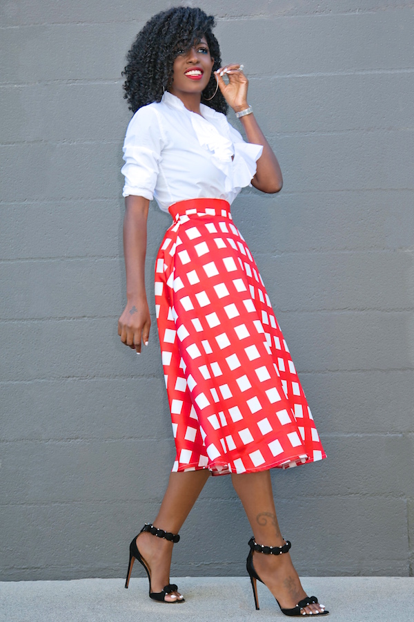 Ruffle Shirt + Print Midi Skirt – StylePantry