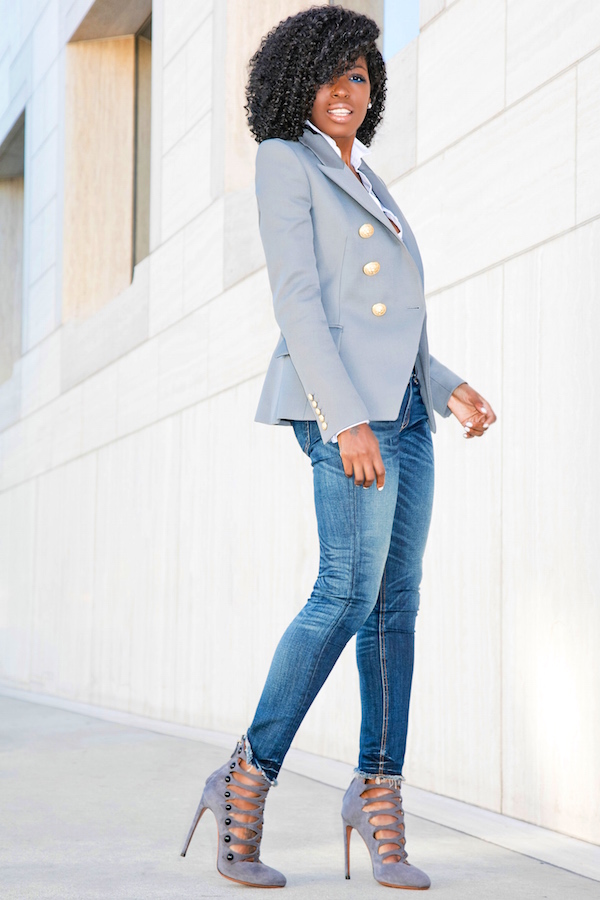 Grey Double Breasted Blazer + Button Down + Ankle Jeans – StylePantry