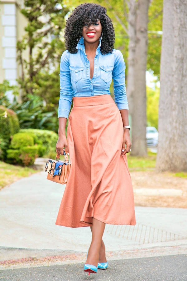 Style Pantry | Fitted Denim Shirt + Midi Swing Skirt