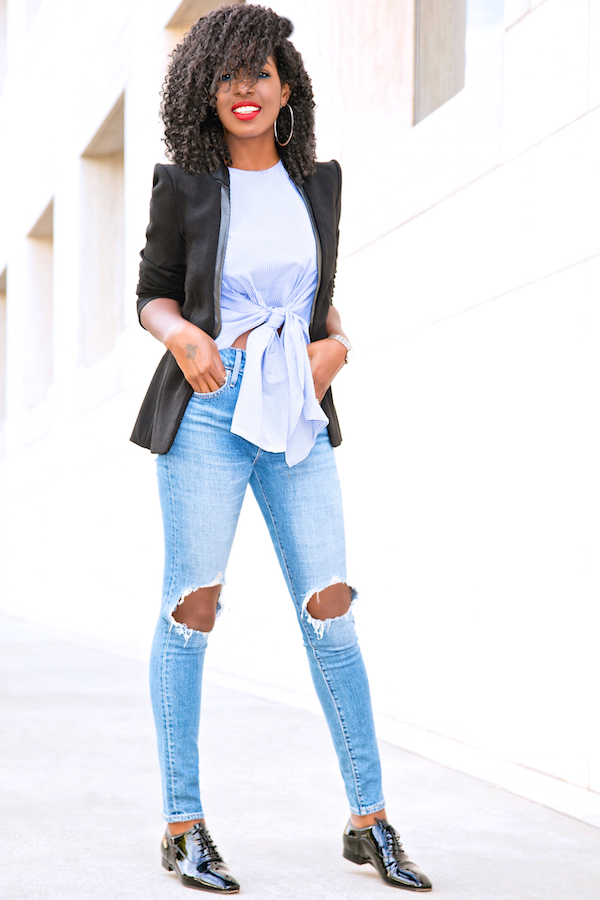 Style Pantry | Structured Blazer + Tie Front Top + Distressed Jeans