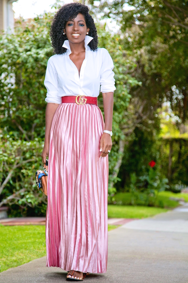 Style Pantry | Button Down Shirt + Metallic Pink Pleated Skirt