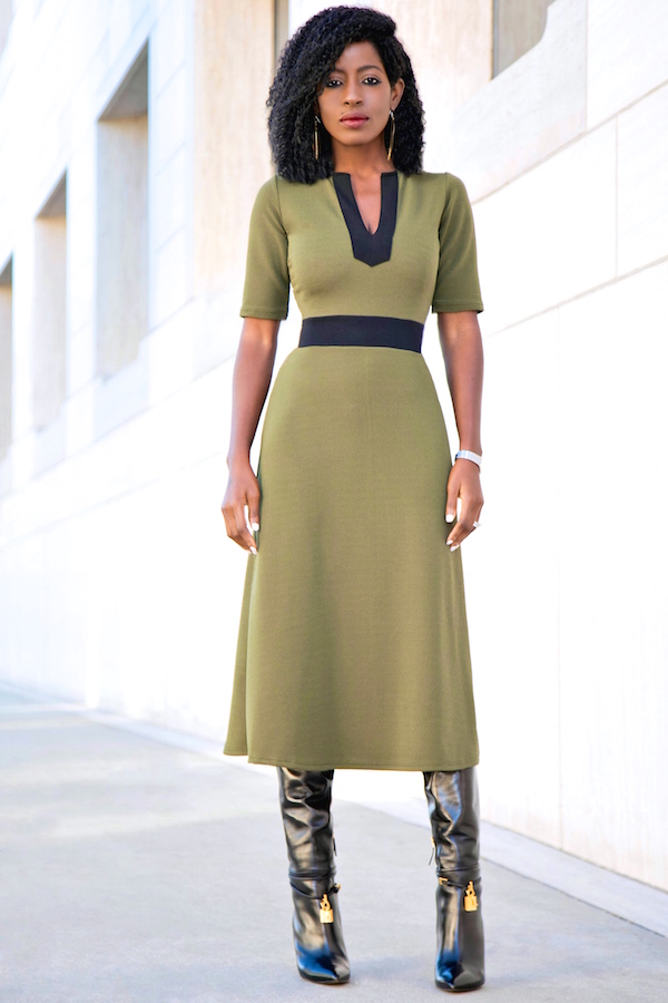 Olive and Black Contrast Midi Dress – StylePantry