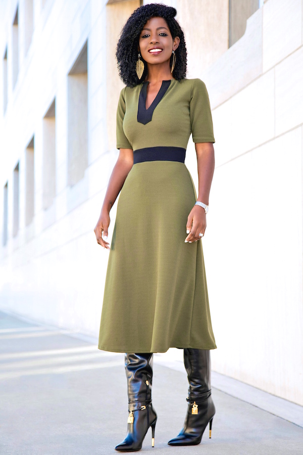 Olive and Black Contrast Midi Dress – StylePantry