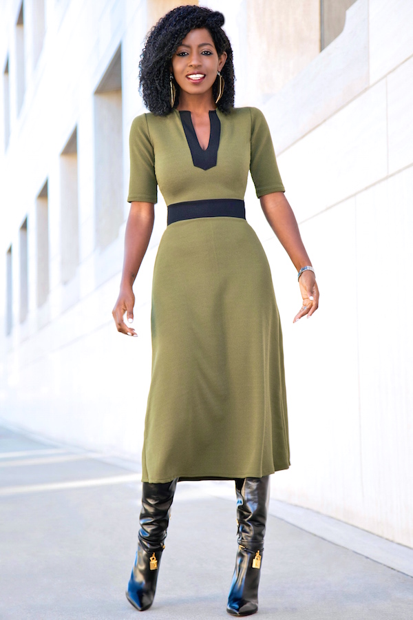 Olive and Black Contrast Midi Dress – StylePantry