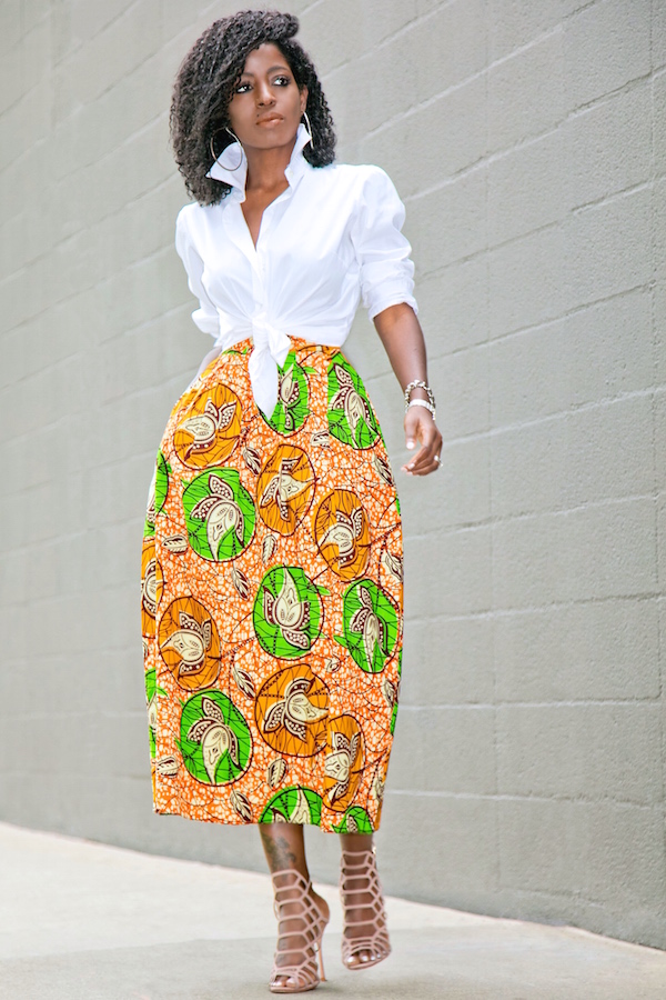 White Button Down Boyfriend Shirt + Ankara Print Midi Skirt | Style ...