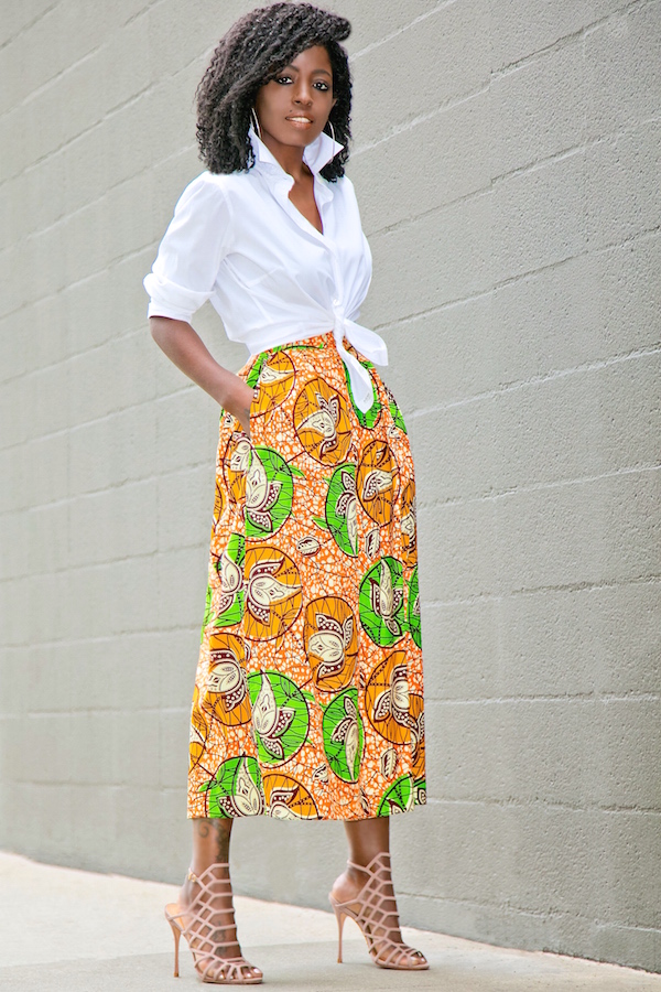 White Button Down Boyfriend Shirt + Ankara Print Midi Skirt – StylePantry