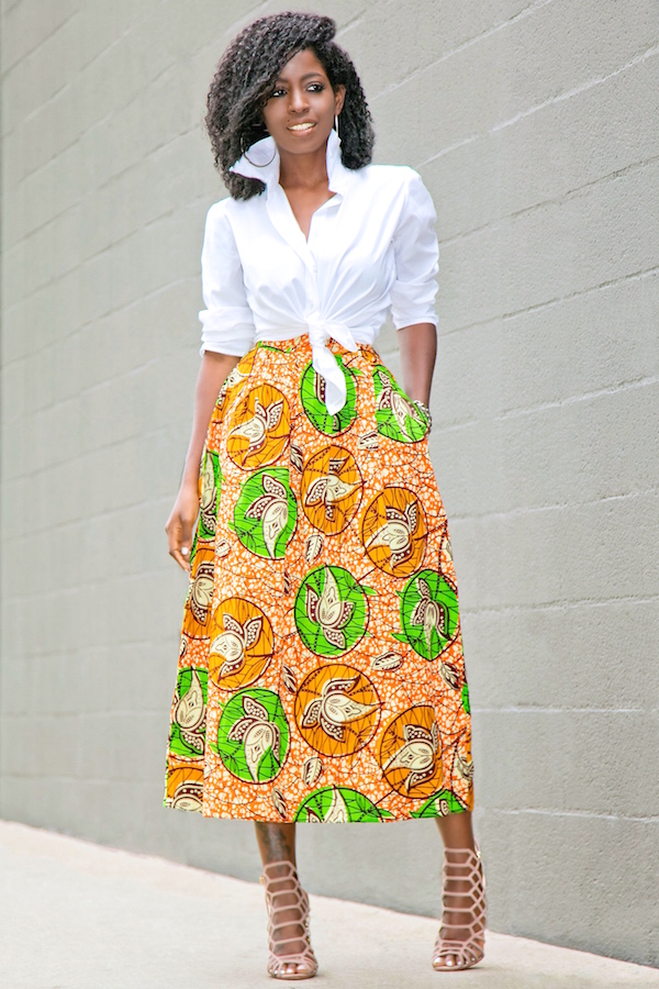 White Button Down Boyfriend Shirt + Ankara Print Midi Skirt – StylePantry