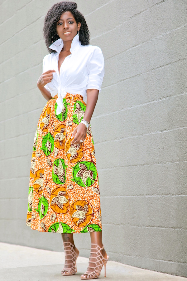 White Button Down Boyfriend Shirt + Ankara Print Midi Skirt – StylePantry