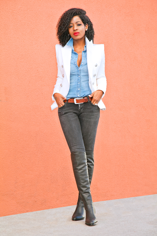 Style Pantry | Double Breasted Blazer + Denim Shirt + Ripped Jeans
