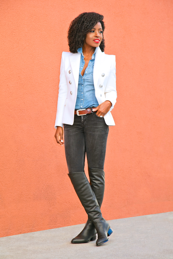 Style Pantry | Double Breasted Blazer + Denim Shirt + Ripped Jeans