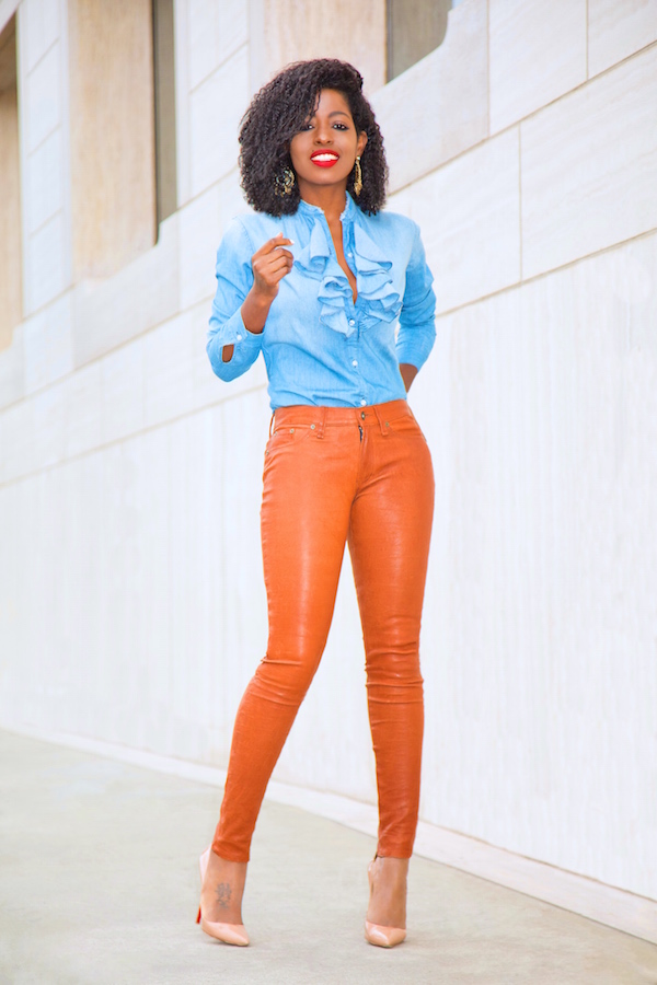 Style Pantry | Ruffled Denim Shirt + Cognac Leather Skinnies
