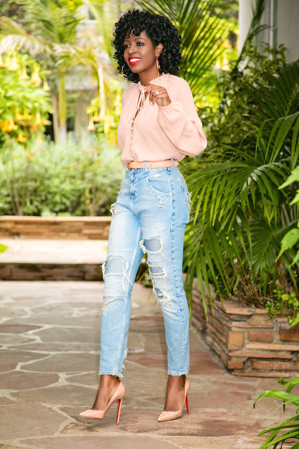 Style Pantry | Ruffled Button-Front Blouse + High Waist Distressed Jeans