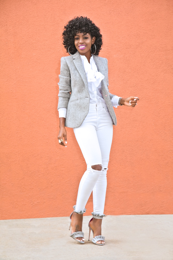 Style Pantry | Wool Blazer + Ruffle Button Down + Ripped White Jeans