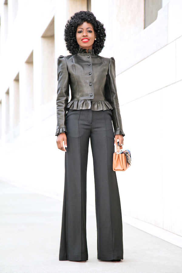 Ruffle Leather Jacket + High Waist Wide Leg Trousers – StylePantry