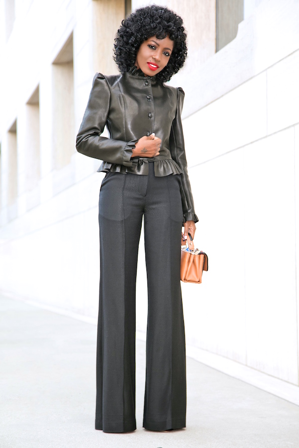 Ruffle Leather Jacket + High Waist Wide Leg Trousers | Style Pantry ...