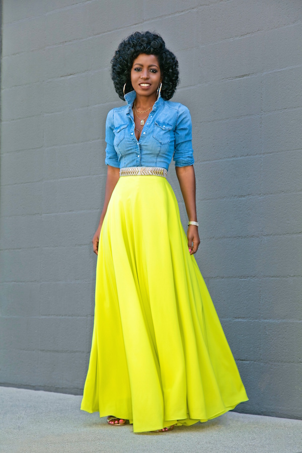 Fitted Denim Shirt + Neon Maxi Skirt – StylePantry