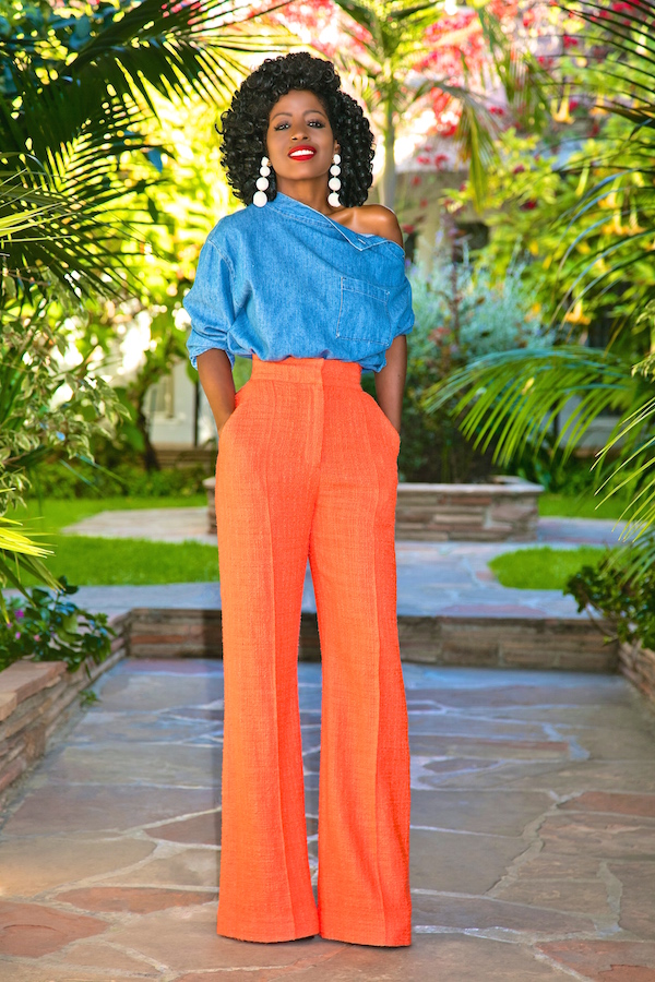 Off Shoulder Denim Top + High Waist Wide Leg Pants | Style Pantry ...