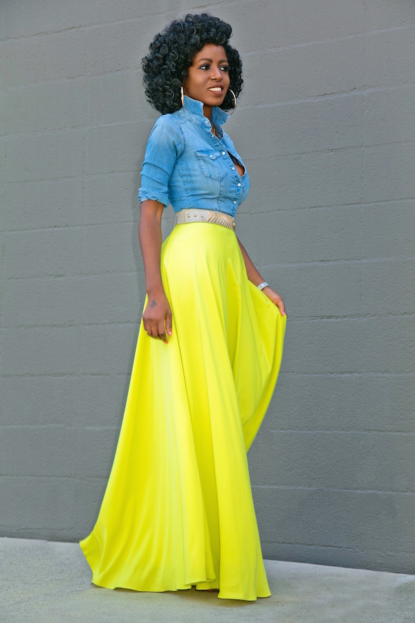 Style Pantry | Fitted Denim Shirt + Neon Maxi Skirt