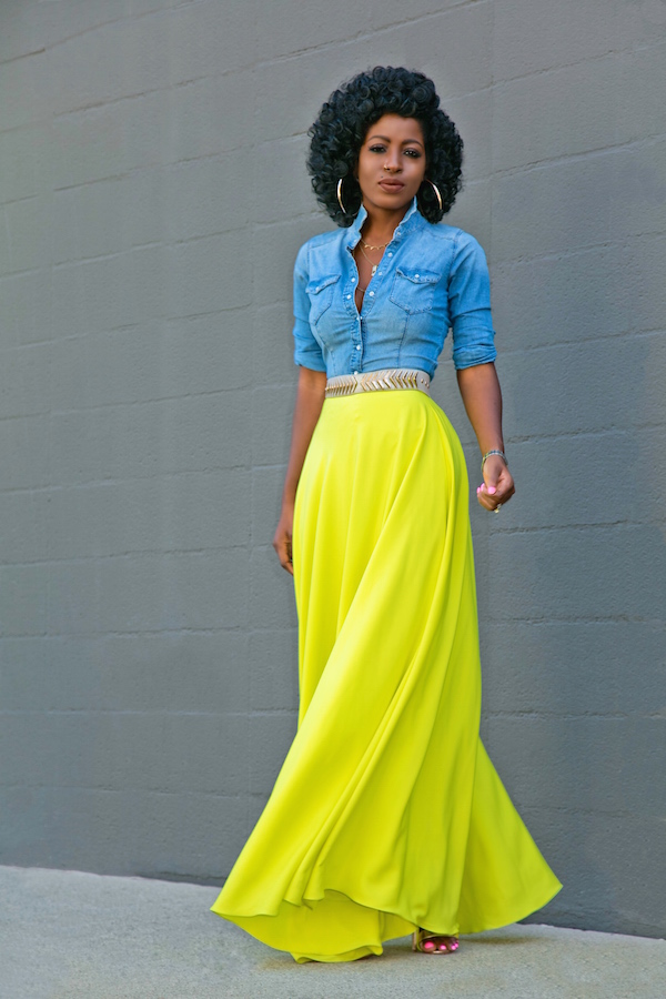 Fitted Denim Shirt + Neon Maxi Skirt | Style Pantry | Bloglovin’