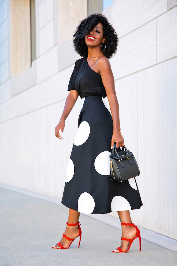 Style Pantry | One Shoulder Silk Blouse + B&W Polka Dot Midi Skirt