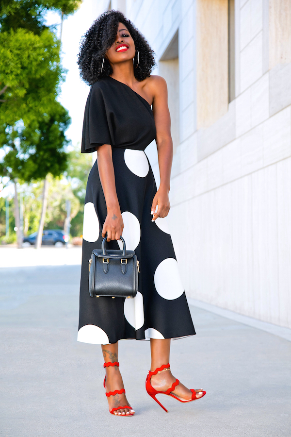 One Shoulder Silk Blouse + B&W Polka Dot Midi Skirt – StylePantry