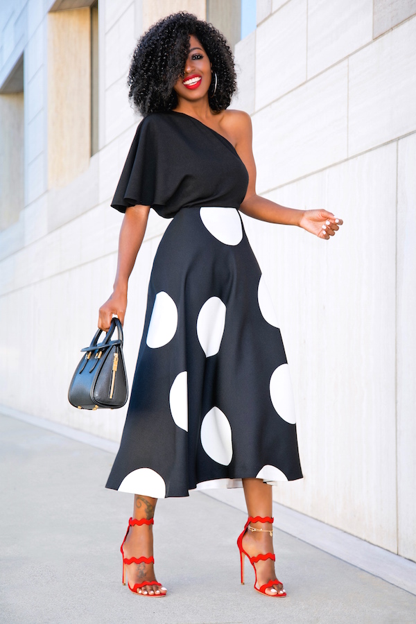 One Shoulder Silk Blouse + B&W Polka Dot Midi Skirt – StylePantry