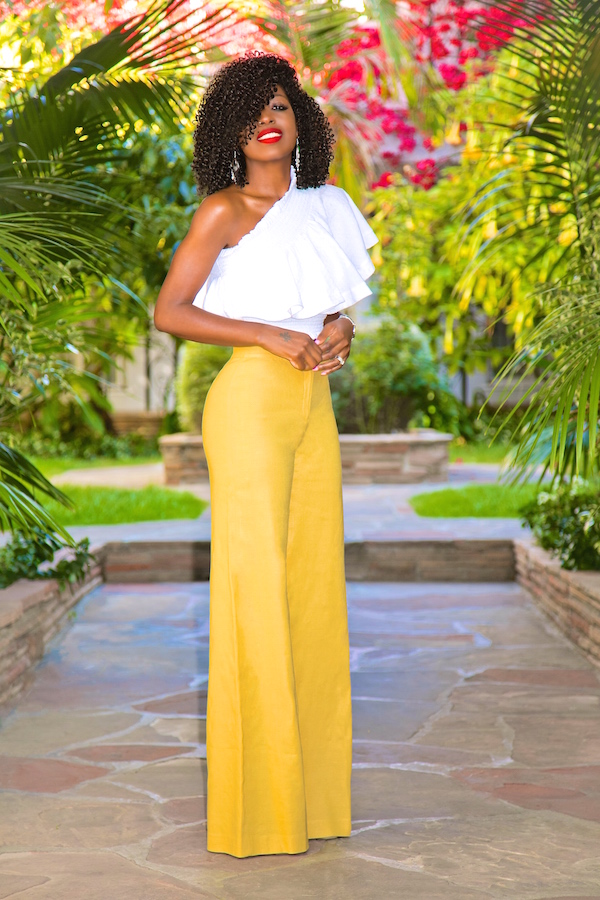 Style Pantry | One Shoulder Ruffle Top + High Waist Wide Leg Pants