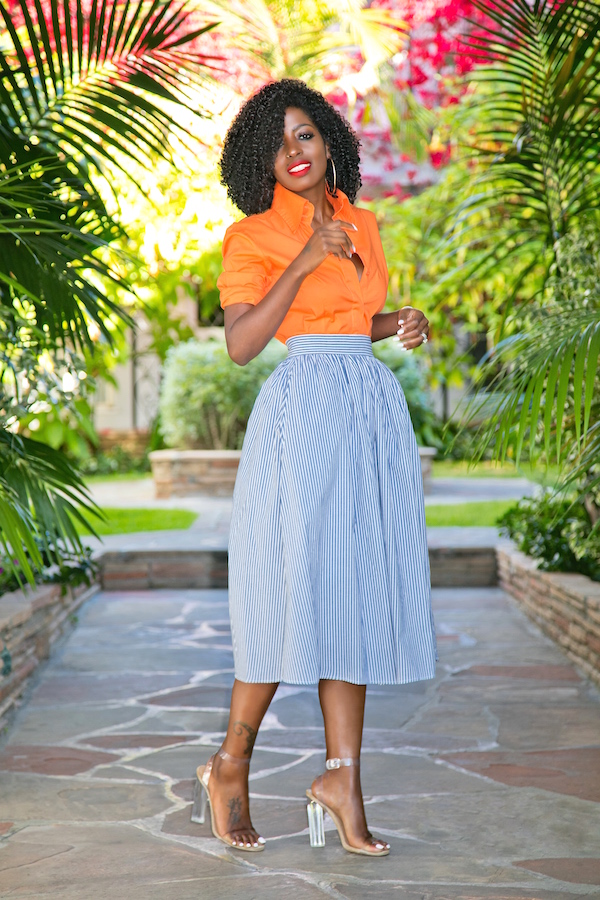 Style Pantry | Orange Button-Up Shirt + Striped Full Midi Skirt