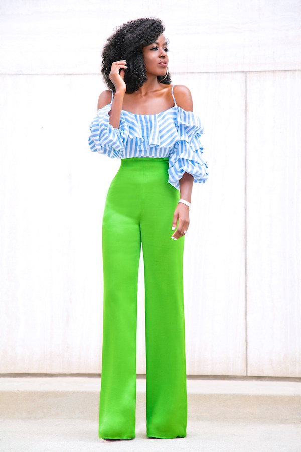 Style Pantry | Striped Pleated Sleeve Off Shoulder + Silk High Waist Pants