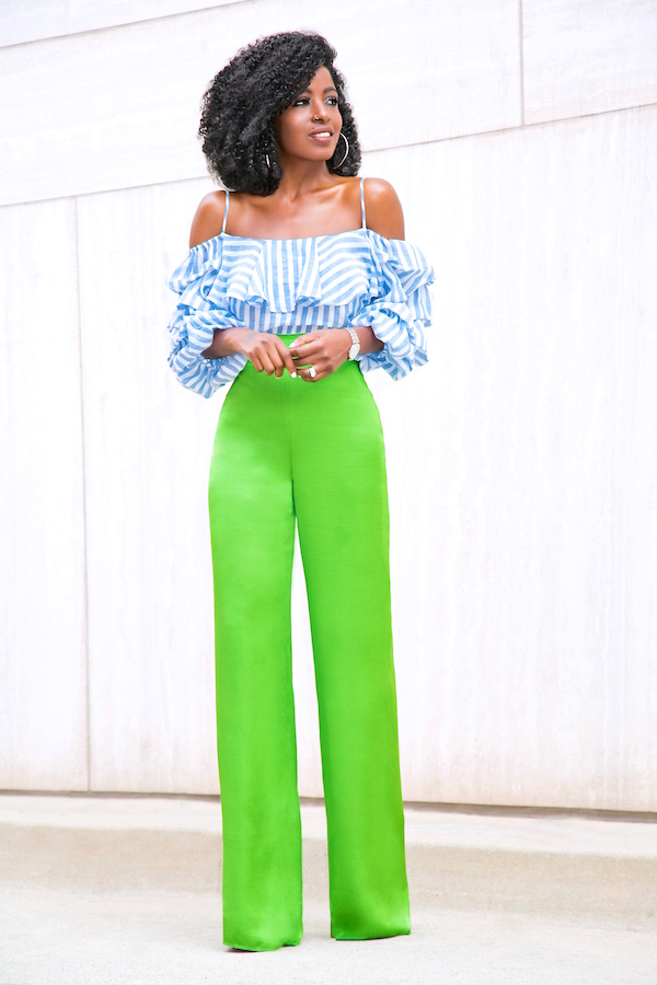 Style Pantry | Striped Pleated Sleeve Off Shoulder + Silk High Waist Pants