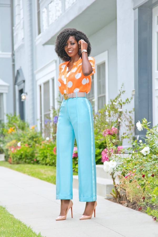 Style Pantry | Neon Polka Dot Shirt + Tuxedo Ankle Length Pants