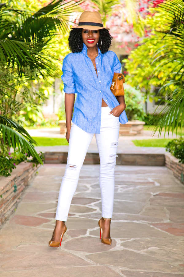 Style Pantry | Linen Button Up + Ripped Ankle Length Jeans