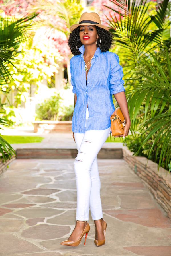 Style Pantry | Linen Button Up + Ripped Ankle Length Jeans