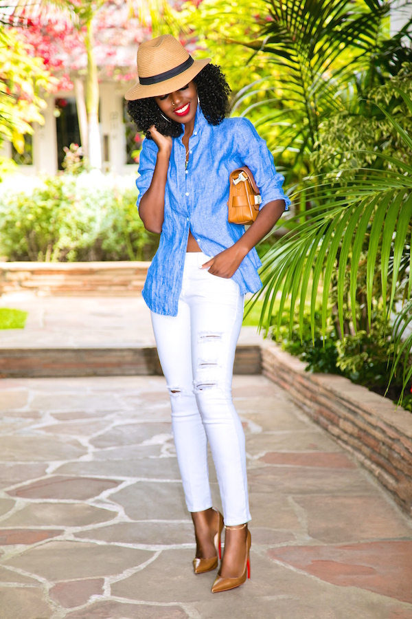 Style Pantry | Linen Button Up + Ripped Ankle Length Jeans