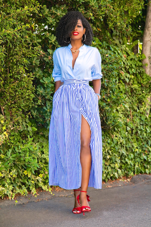 Oversized Button Up + Striped Button Down Skirt | Style Pantry | Bloglovin’
