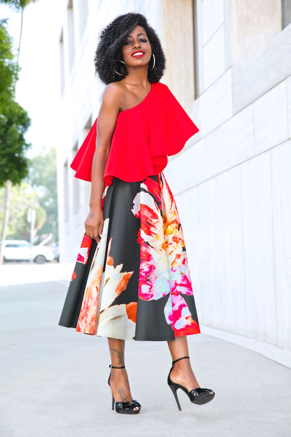 Style Pantry | Ruffled One Shoulder Top + Floral Pleated Midi Skirt