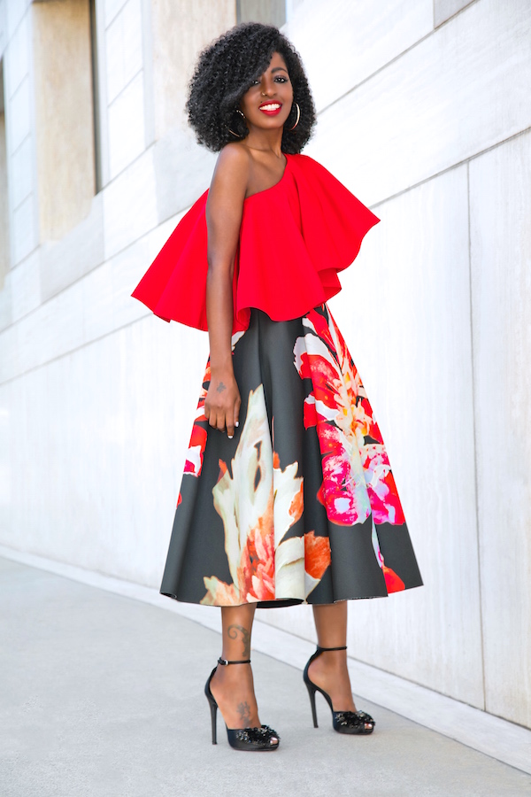 Style Pantry | Ruffled One Shoulder Top + Floral Pleated Midi Skirt