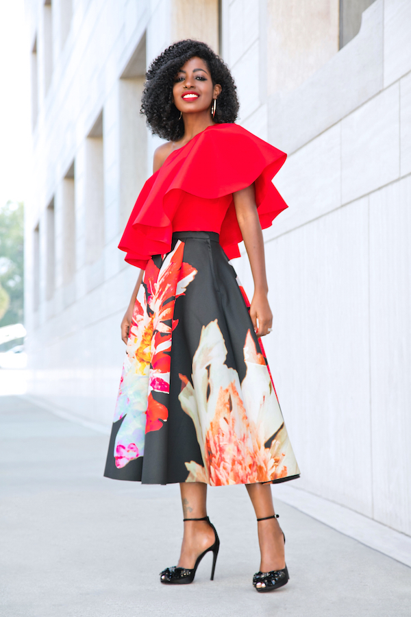 Style Pantry | Ruffled One Shoulder Top + Floral Pleated Midi Skirt