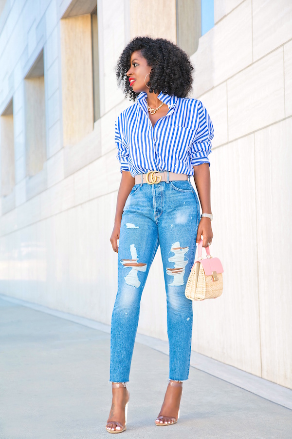 Oversized Striped Button Up + High Waist Distressed Jeans – StylePantry