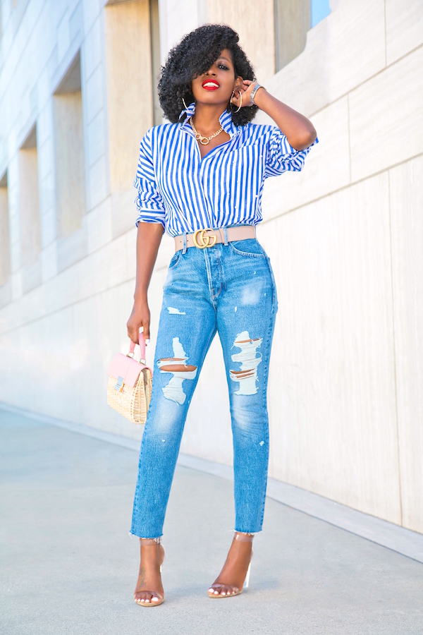 Oversized Striped Button Up + High Waist Distressed Jeans – StylePantry