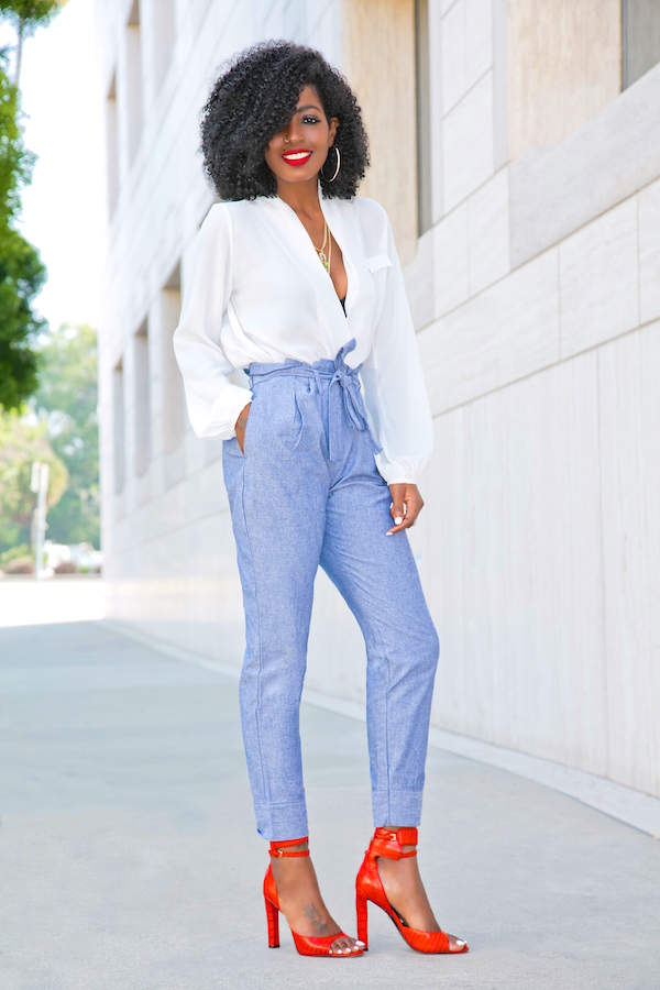 Draped Long Sleeve Blouse + High Waist Chambray Pants – StylePantry
