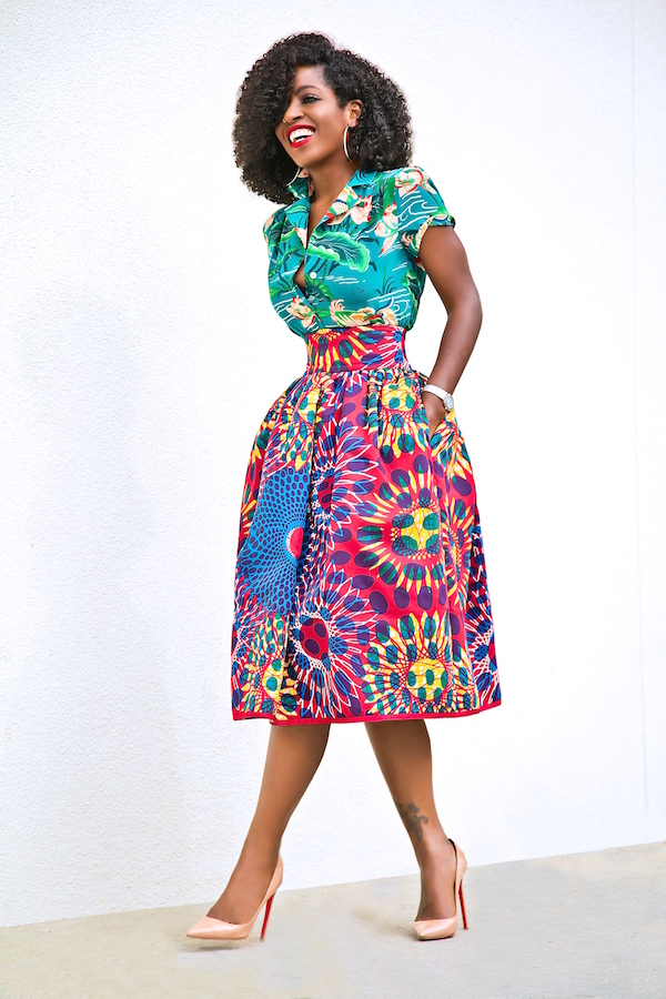 Style Pantry | Print Short Sleeve Button Up + Printed Full Midi Skirt
