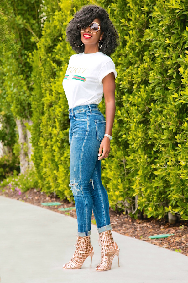Style Pantry | Gucci Print Tee + High Rise Distressed Jeans